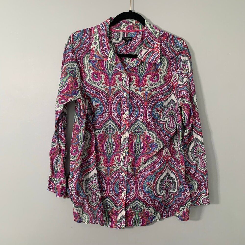 Talbots Woman Pink Blue Paisley Cotton‎ Button Down Shirt Plus Size 1X